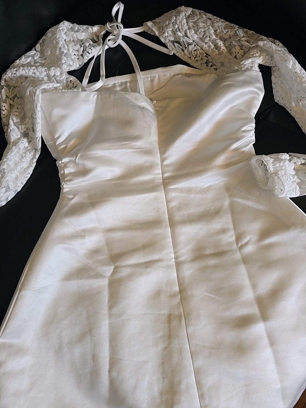 Ivory Satin Bridal Dress with Lace Off-Shoulder Sleeves